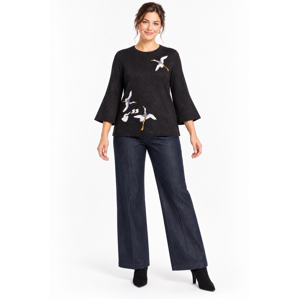 Ann Taylor Factory M Embroidered Crane Sweater Black Metallic Bell Sleeve Knit
